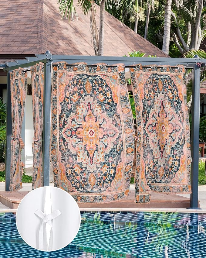 Rustic Boho Outdoor Curtains for Patio Waterproof, Grommet Privacy Curtain Drapes Weatherproof Outside Curtains for Porch GazeboPergola Cabana 2 Panel 54x108inch Ethnic Turkish Floral Geometric