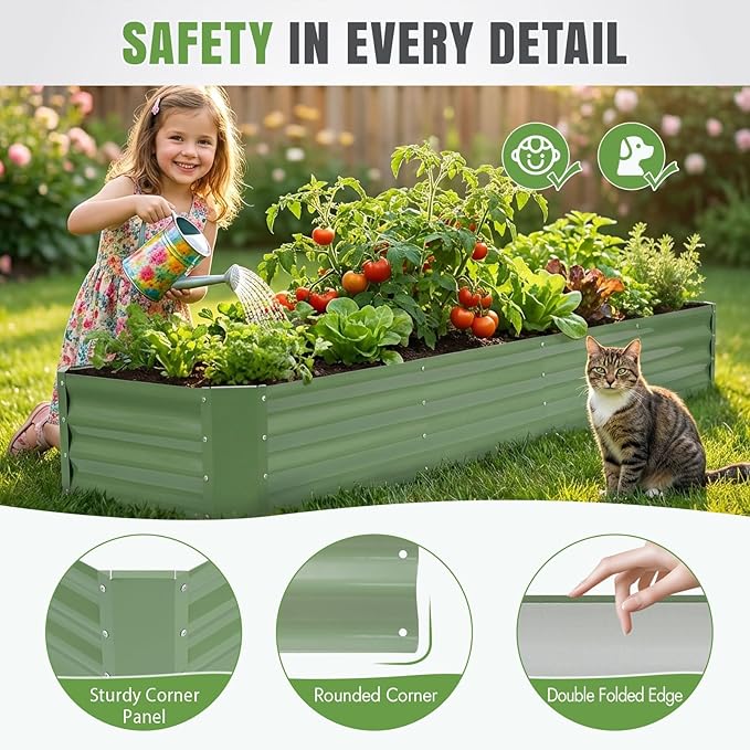 INNO STAGE 8×2×1ft Galvanized Raised Garden Bed Kit, Galvanized Planter Raised Garden Boxes Outdoor, Large Metal Raised Garden Beds for Vegetables, Flowers, Herbs, and Succulents, OliverGreen