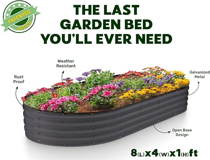 Plant & Plot Galvanized Raised Garden Beds Outdoor // 8×4×1 ft Planter Raised Beds for Gardening, Vegetables, Flowers // Large Metal Garden Box // Patented Tool-Free Design (Gray)