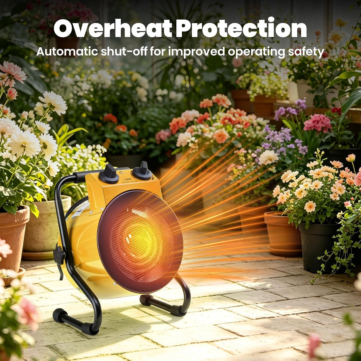 greenhouse heater with thermostat, electric outdoor heaters, yellow showing dimensions