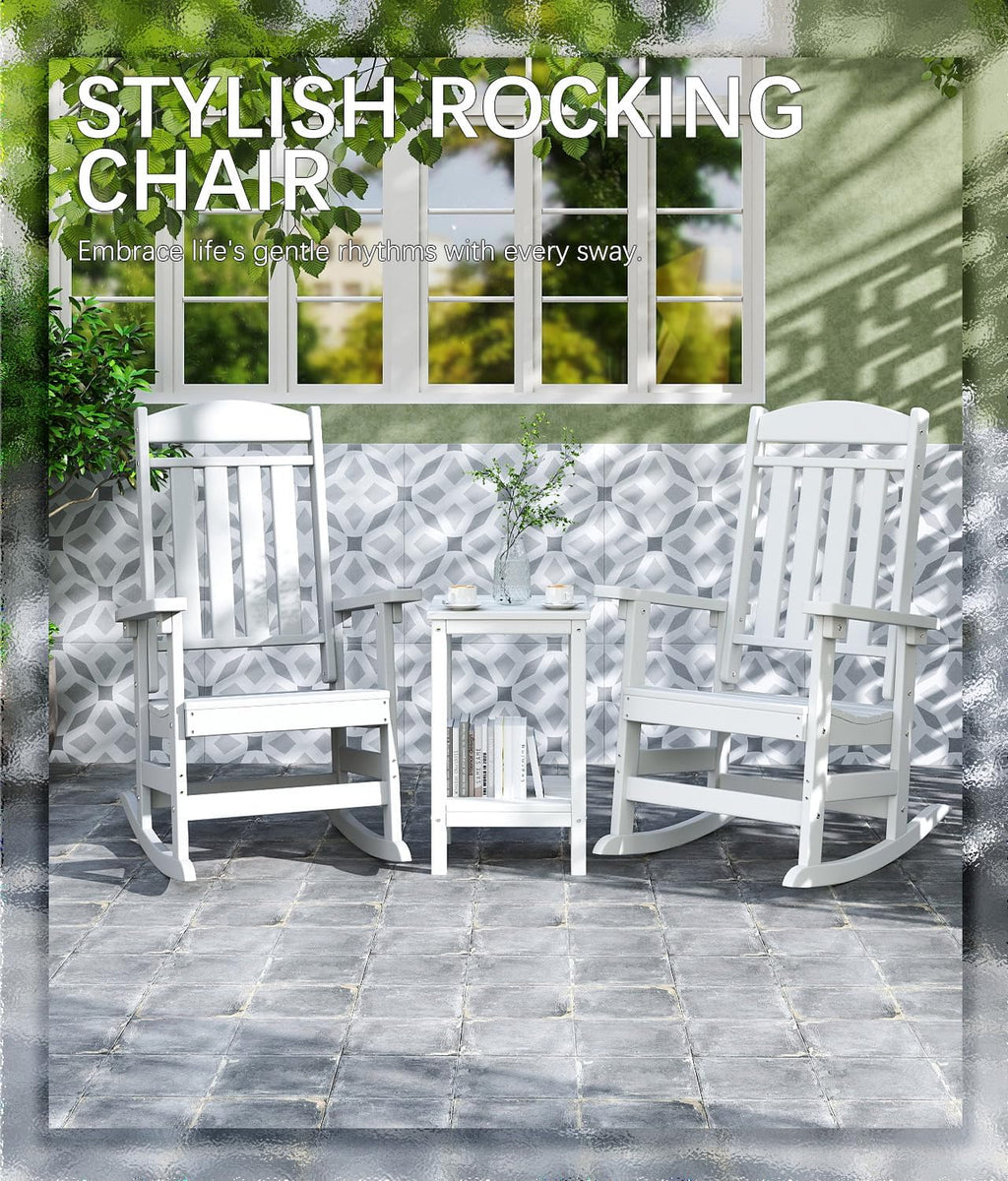 Outdoor Rocking Chair Set of 3, Oversized Rocking Chair Outdoor | HDPE All Weather Resistant High Back Patio Rocker for Porch, Patio, Garden,350 lbs Capacity, White