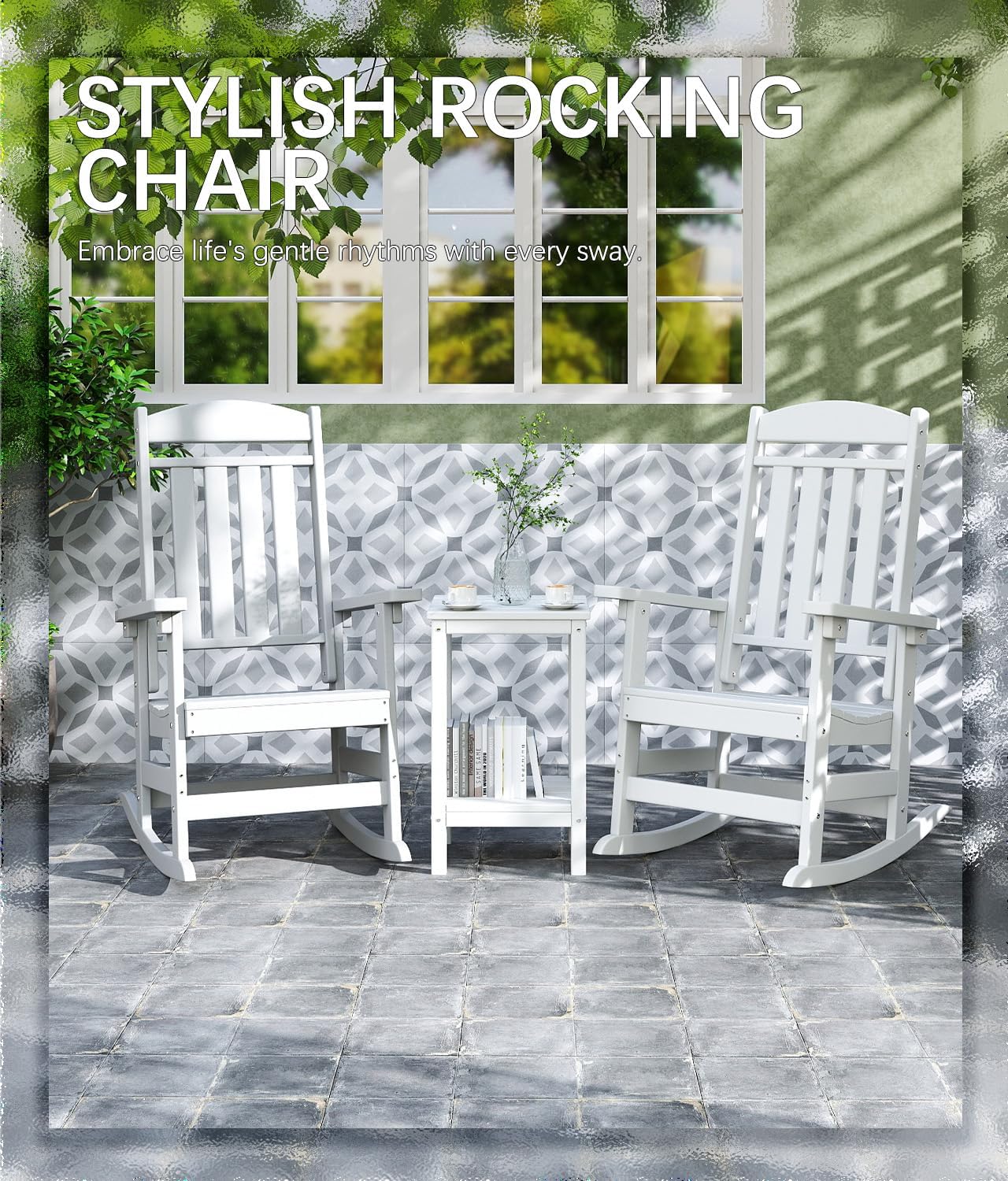 Outdoor Rocking Chair Set of 3, Oversized Rocking Chair Outdoor | HDPE All Weather Resistant High Back Patio Rocker for Porch, Patio, Garden,350 lbs Capacity, White