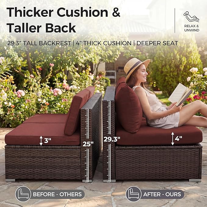 NICESOUL 7 Piece Outdoor Sofa Sectional with Firepit Natural Gas & Propane, Extra Large Patio Furniture Set for Heavy People, Deep Modular Wicker Conversation Sitting, Brown Rattan and Red Cushion