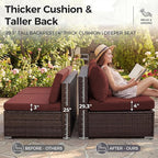 NICESOUL 6 Piece L-Shaped Modern Outdoor Furniture Set with Firepit Natural Gas/Propane, 29.3'' High-Back Deep Wide Seat Patio Conversations for Outside, Large Size Sofa, Brown Rattan and Red Cushion