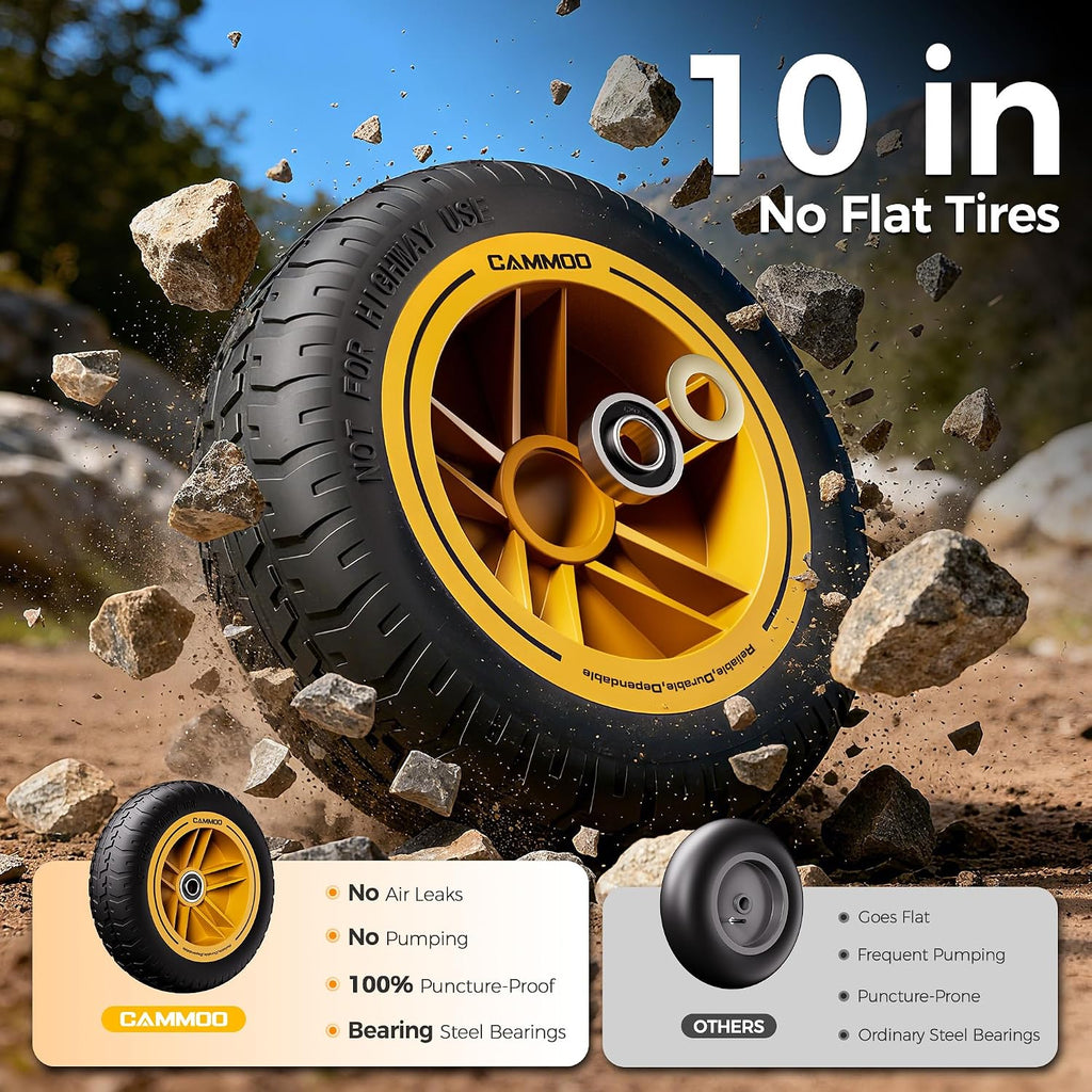 cammoo 10-in no-flat tires 600lb garden dump cart, close-up detail