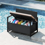 Tangkula 40 Gallon Outdoor Bench with Storage, Patio Wicker Storage Bench with Cushion, Cover, Metal Frame, Deck Box Seat for Backyard, Poolside, Balcony, Garden