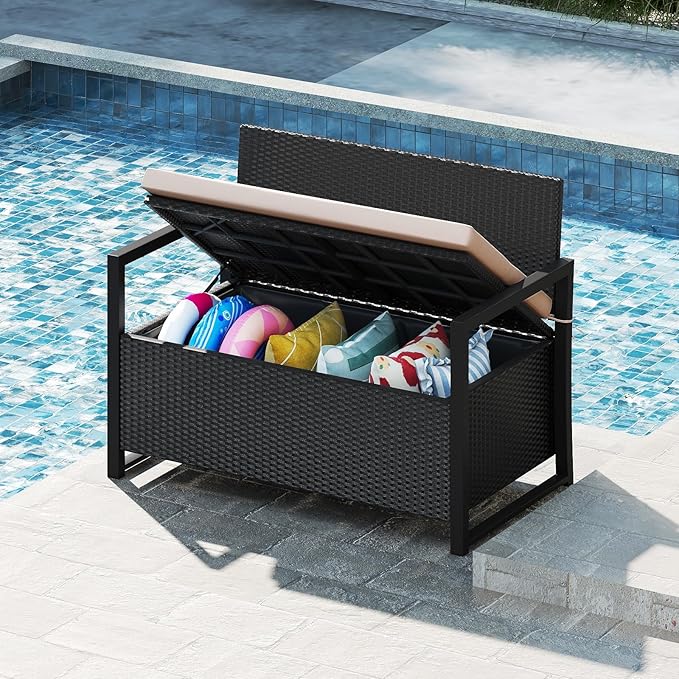 Tangkula 40 Gallon Outdoor Bench with Storage, Patio Wicker Storage Bench with Cushion, Cover, Metal Frame, Deck Box Seat for Backyard, Poolside, Balcony, Garden