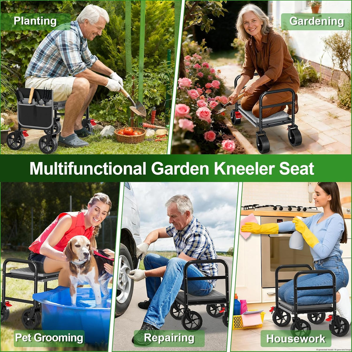 garden seat with 360° brake wheel: 3-in-1 rolling, view 9