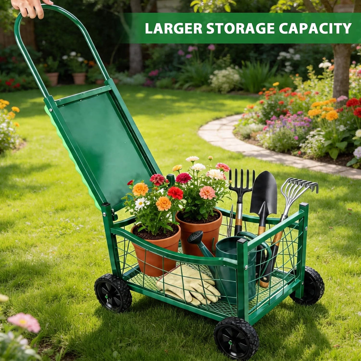 garden work chair with wheels, heavy-duty gardening cart showing dimensions