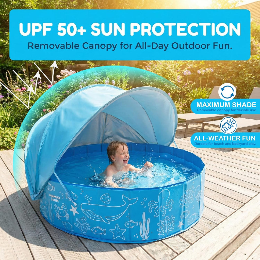 Kiddie Pool with Canopy - 47 in Foldable Kids Pool, Summer Water Play Kids Pool with Shade, Portable Non-Slip Swimming Pool & Dog Pool for Outdoor, Beach, Backyard