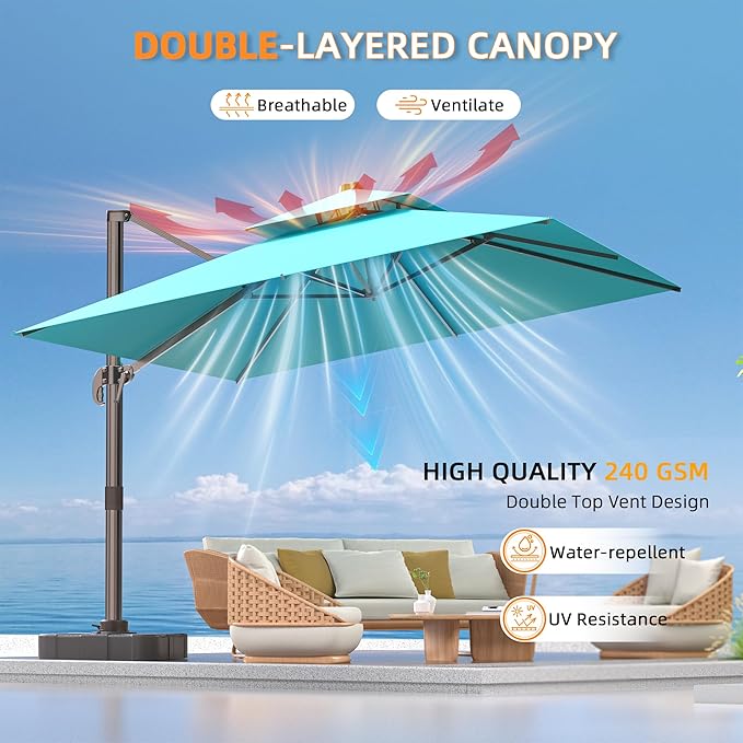9' X 12' Double Top Cantilever Patio Umbrella - Heavy Duty Offset Umbrella with 360° Rotation for Garden Deck Pool Patio, Turquoise