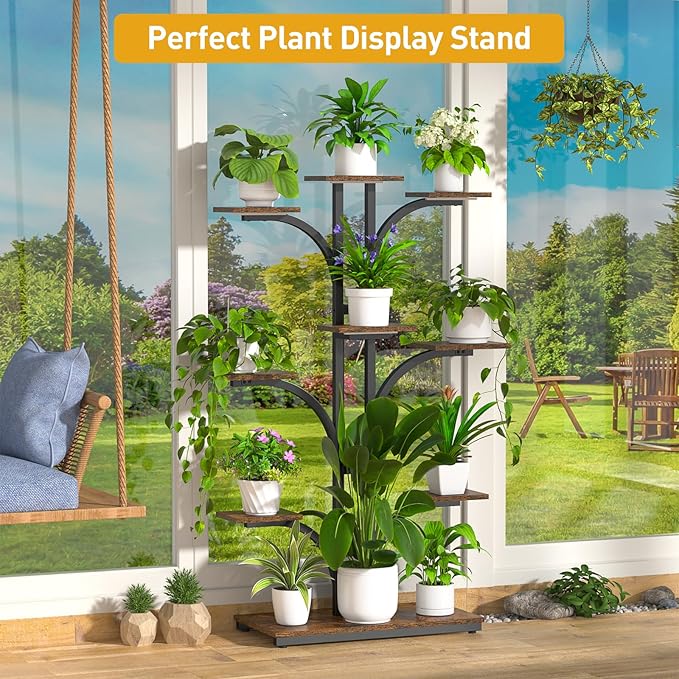ikkle Plant Stand Indoor with Grow Lights, 64" Tall Plant Shelf, 9 Tiered Corner Plant Shelves for Indoor Plants Multiple, Large Flower Display Holder, Tree-Shaped Plant Rack for Home, Living Room, Patio Decor