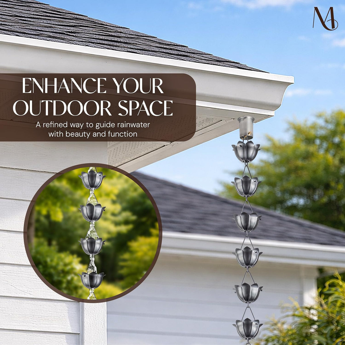 monarch rain chains aluminum lotus pewter rain chains shown in use