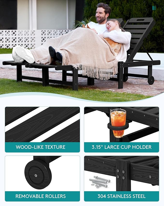 SERWALL Patio Chaise Lounge Chair Set of 4, HDPE Outdoor Lounge Chair with Cup Holder, 5 Positions Adjustable Poly Lounger with Rolling Wheels for Poolside, Deck, Sunbathing, Black