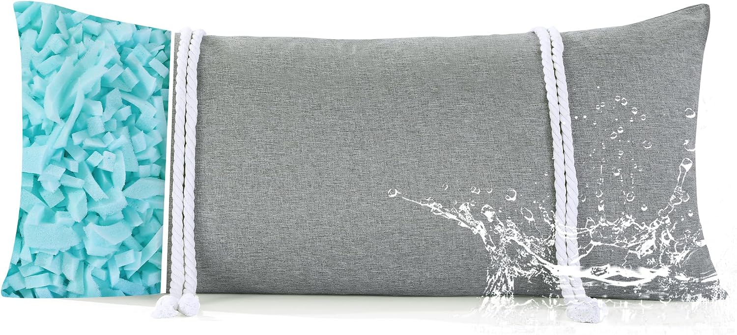 HOMBYS 32" x 14" Shredded Memory Foam Hammock Pillow for Outdoor, Waterproof and Weatherproof Pillow with Durable Ties (Gray)