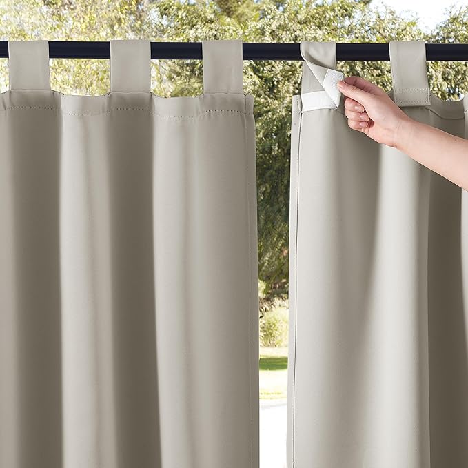 NICETOWN 2 Panels Natural Outdoor Patio Curtainss Waterproof, Detachable Sticky Tab Top Thermal Insulated Privacy Indoor Outdoor Drapes Cold & Heat Block Room Darkening for Pergola, W52 x L95