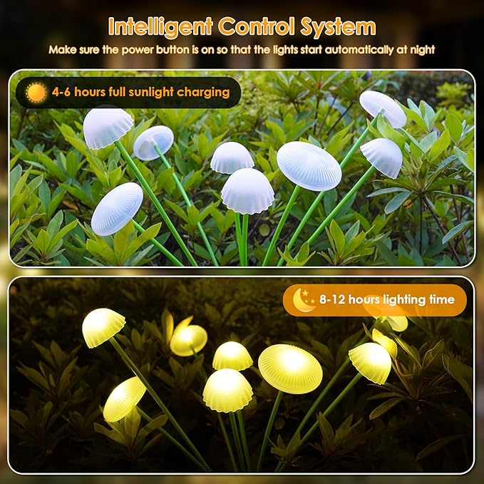 KAQ Solar Garden Lights Outdoor 6PK 48LED, Mushroom Solar Lights Outdoor, IP65 Waterproof Firefly Light Outside Decor for Patio Pathway, Sway by Wind for Pathway Garden Decorations, Warm White