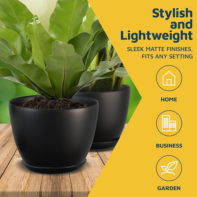 Lifemaster Plant Pots with Multi Drainage Holes - 10 Pieces Versatile, Sturdy Plastic, Stackable Design Home Decor Flower Pots for Indoor and Outdoor Gardening - Black