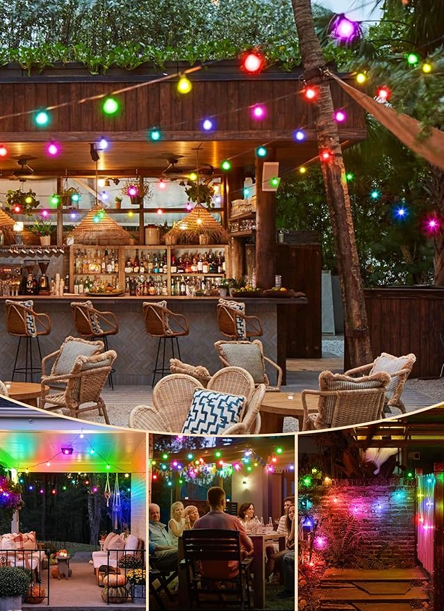 Brightown RGBW Outdoor String Lights, 29FT LED Patio Lights with Remote and Timer, Commercial Grade Waterproof Hanging Lights with 13 Shatterproof Bulbs(1 Spare) for Backyard Porch Garden Party Decor