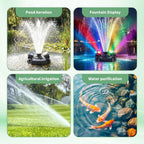 F3 Floating Pond Fountain Aerator, 1HP 750W 110V Stainless Steel Pump with 4 RGB Lights & 100FT Power Cord, Black Octagon Aerating Fountain for Ponds, Lakes, Pools and Fish Farms (Four Lights)