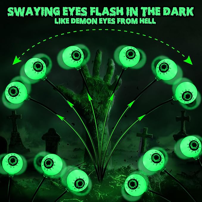BrizLabs 4 Pack 24 LED Halloween Solar Lights, 2 Modes Outdoor Halloween Eyeball Pathway Lights, Solar Spooky Walkway Light Waterproof, Green Swaying Firefly Lighting for Path Yard Garden Lawn
