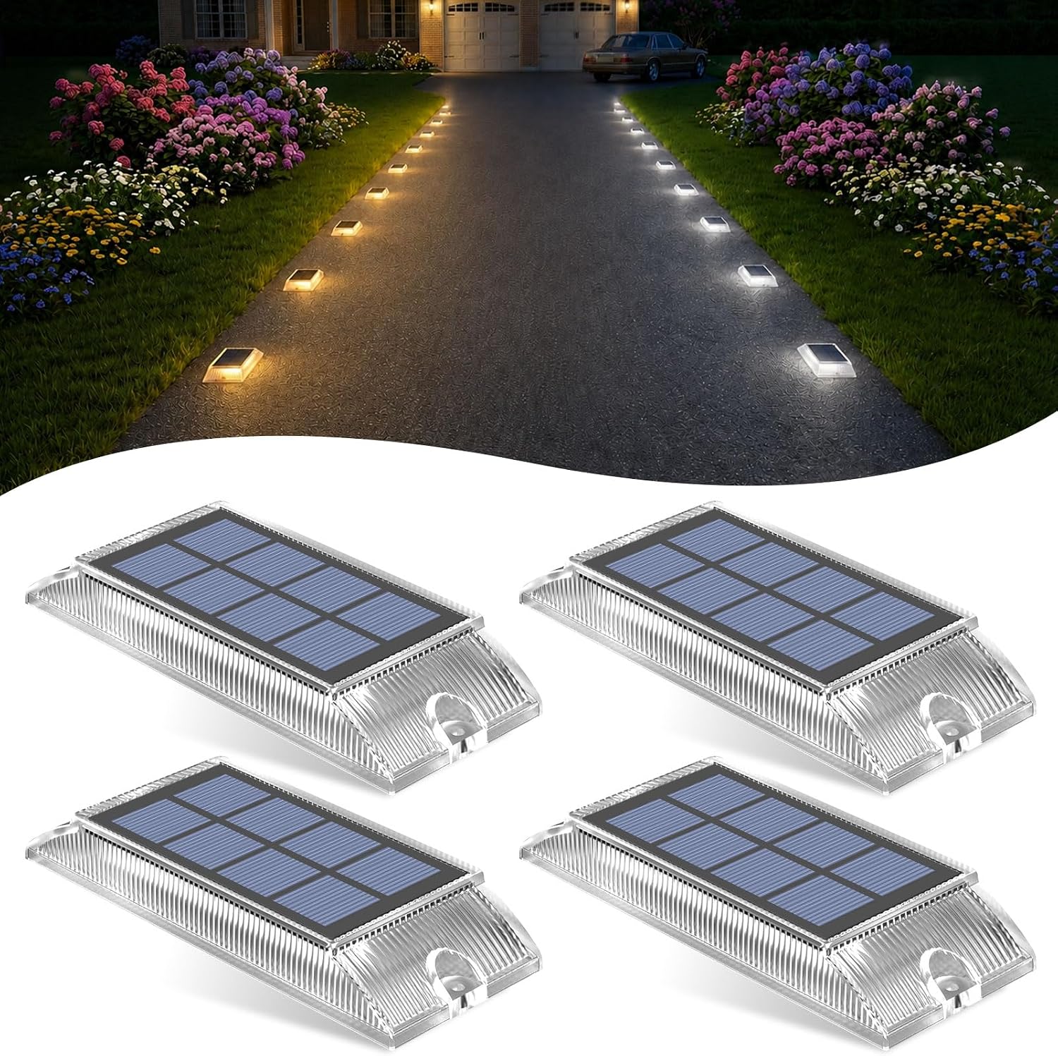 Lacasa Solar Deck Lights 4 Pack, 2 Color in 1 Driveway Lights Outdoor | Dusk to Dawn Driveway Solar Lights for Yard, Patio, Garden, Pathway, Walkway, Dock, Warm & Cool White