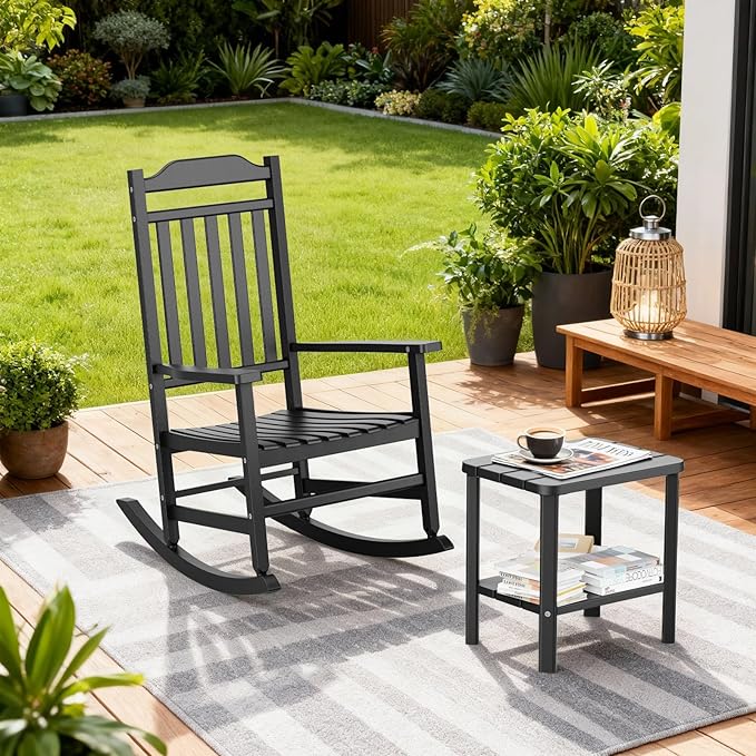 3 Piece Outdoor Rocking Bistro Set, Rocking Chairs Outdoor Furniture, Resin Waterproof Sun-Proof Patio Furniture Set for Garden, Pool, Backyard（3, Black）