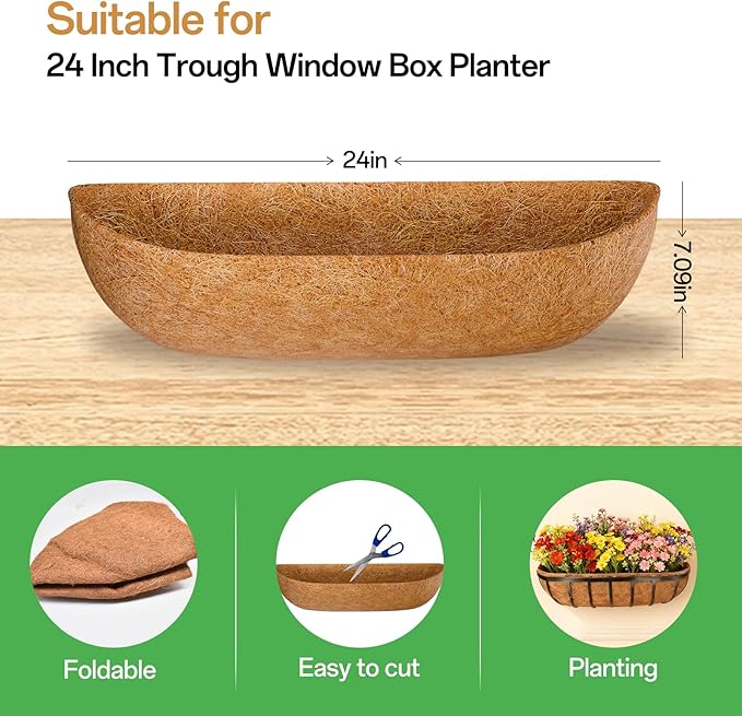 ZeeDix 24 Inch Trough Coconut Liners for Planters (2-Pack) - 100% Natural Coconut Coir Fiber Planter Liners Replacement for Window Boxes, Wall Baskets, Deck Flower Boxes, Garden Railing Fence Troughs