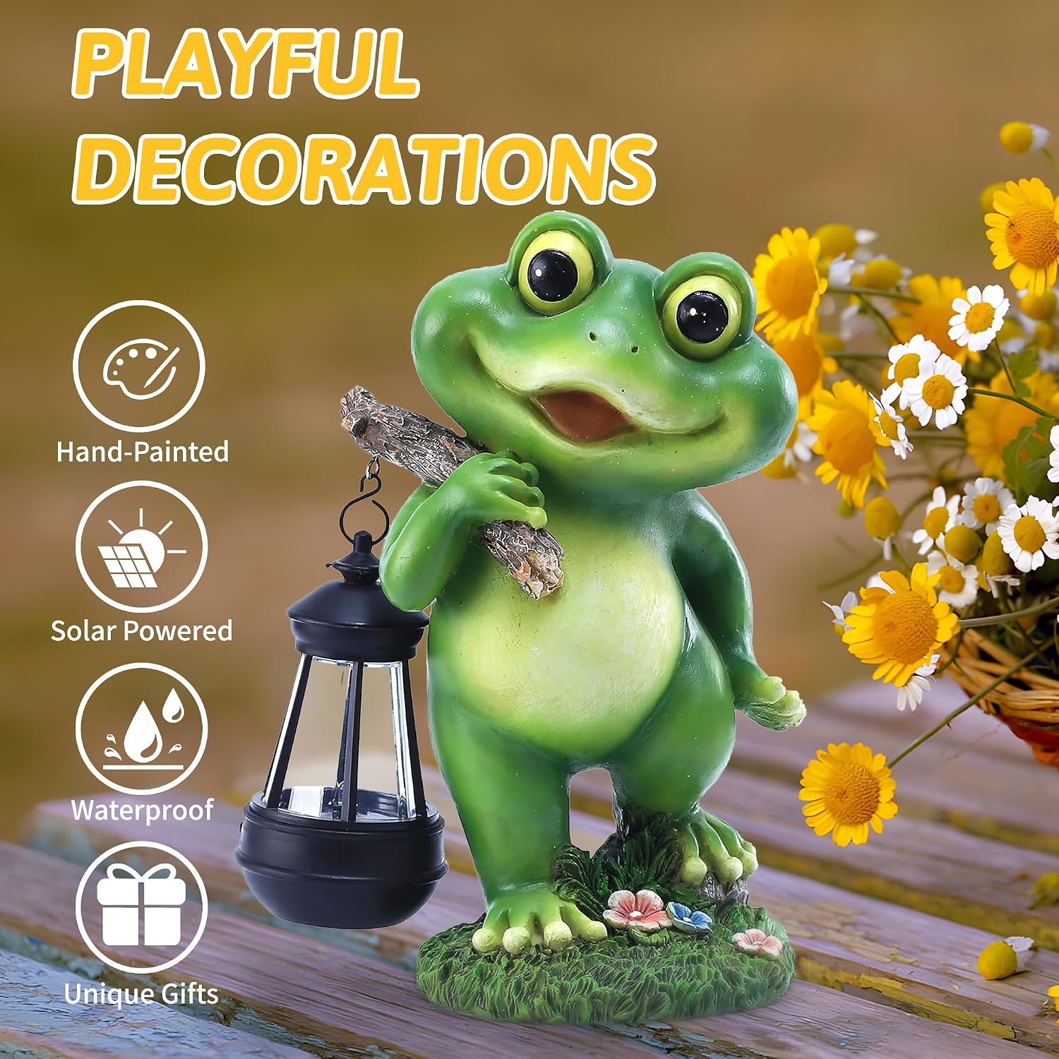 Outdoor Frog Garden Decor: 11'' Yard Decoration with Solar Lantern Funny Frog Statue Gifts for Women Mother's Day Housewarming Gift