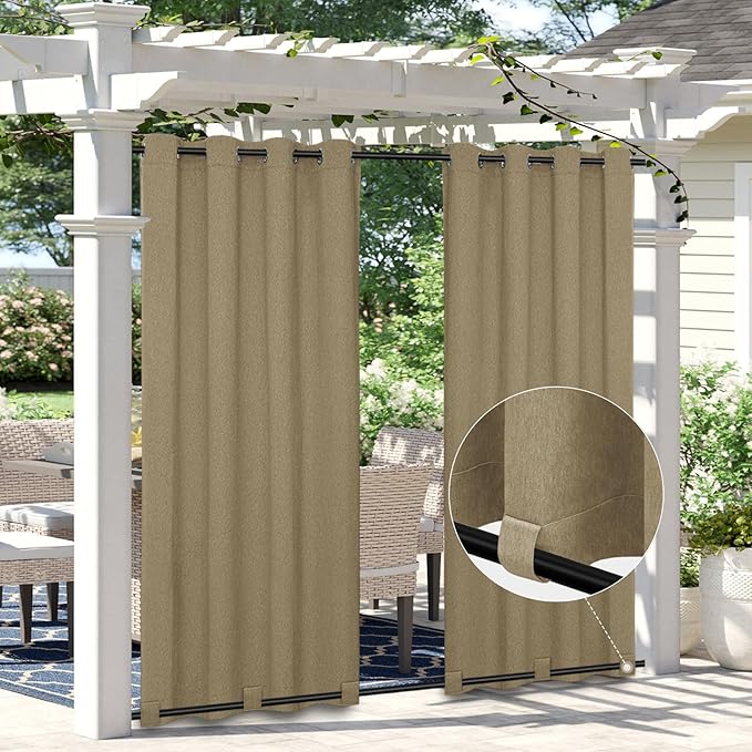 Easy-Going Linen Look Outdoor Curtains Waterproof Windproof Porch Curtains, Soft Thicken Outdoor Privacy Curtains for Patio, Gazebo, Grommet Top and Tab Bottom Drape, 1 Panel, 110x120 inch, Khaki