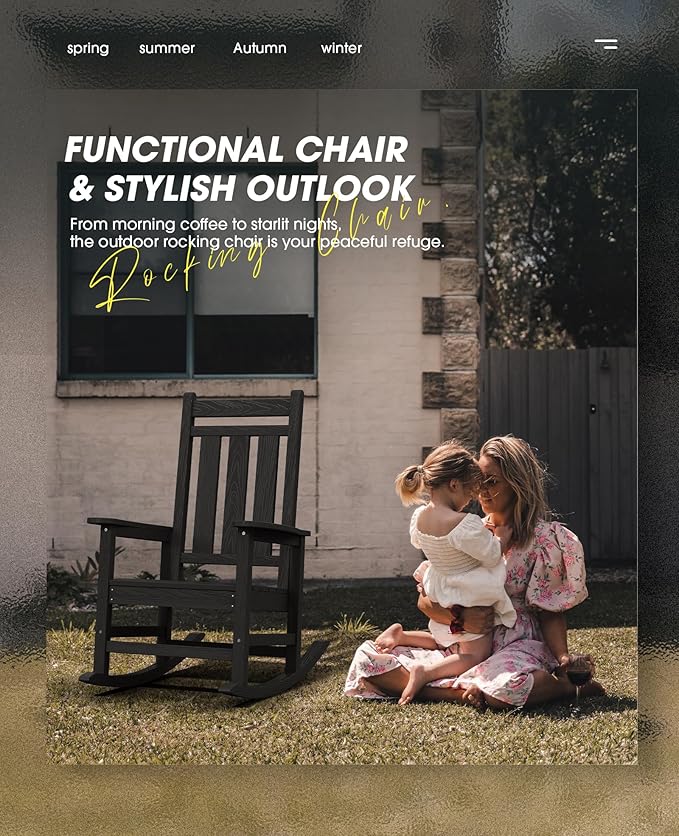 KINGYES Oversized Outdoor Rocking Chair Set of 4, All-Weather Patio Rocking Chairs for Porch, HDPE Outdoor Patio Rockers with High Back & Wide Seat for Garden, Lawn, Black