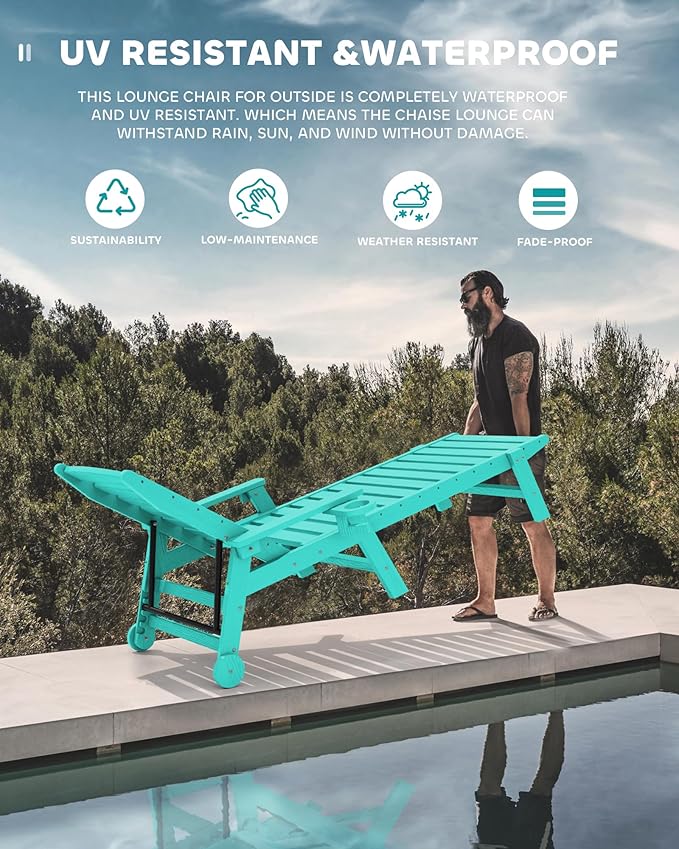 SERWALL Patio Chaise Lounge Chair Set of 2, 78'' Long 5-Positions Adjustable HDPE Outdoor Lounger for Pool, Poly Lounge Chair with Rolling Wheels & Cup Holder for Poolside, Deck, Aqua Blue