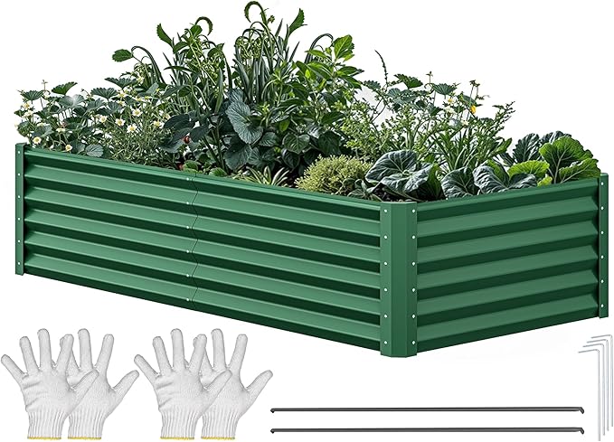 YITAHOME 6x3x1.5ft Large Raised Garden Bed Kit, Galvanized Metal Planter Box with Gloves, Green