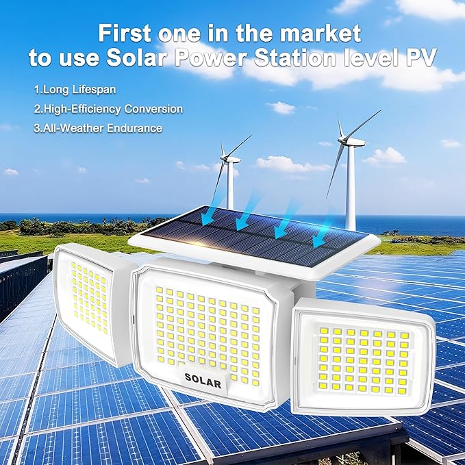 White Solar Security Light Outdoor Super Bright LED, Motion Sensor Solar Flood Light, 3 Heads 270° Wide Angle, Remote Control,IP65 Waterproof, 3 Modes (4 Packs)