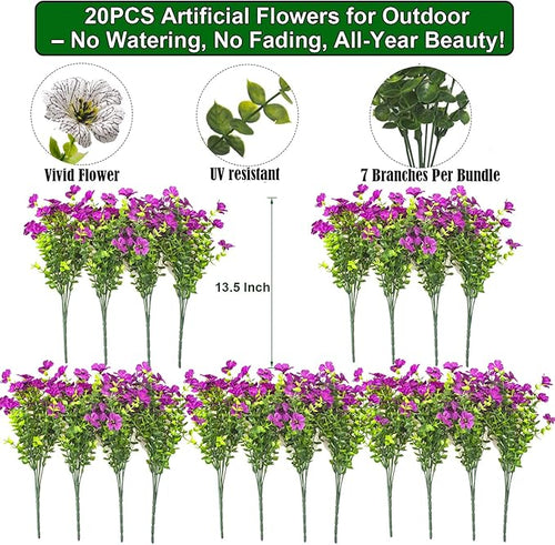 20 Bundles Artificial Flowers for Outdoors, UV Resistant Fake Plants Flowers Greenery Shrubs Plants for Decoration Outside Plants Hanging Planter Home Garden Decor (Fuchsia)