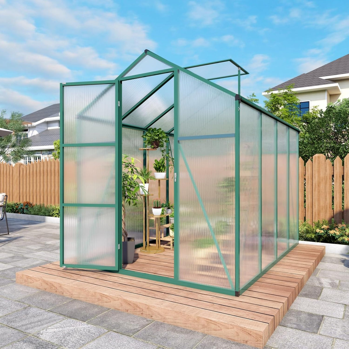6x8 ft greenhouse, walk-in heavy duty polycarbonate outdoor, close-up detail