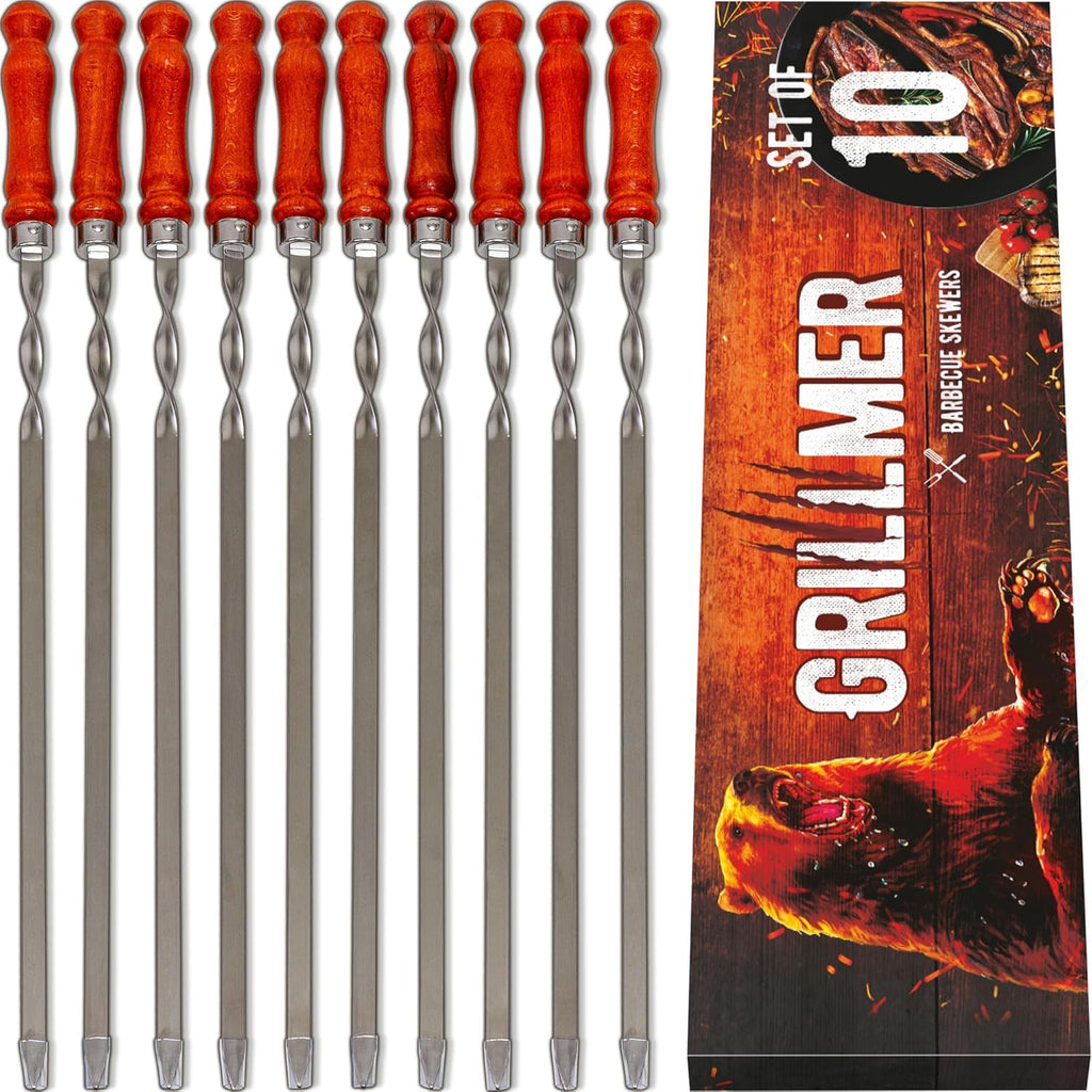 Premium BBQ Skewers with Wooden Handles 22" Shish Kabob Skewers Stainless Steel Long & Reusable Kabob Sticks Barbecue Skewers for Grilling Set of 10 Piece