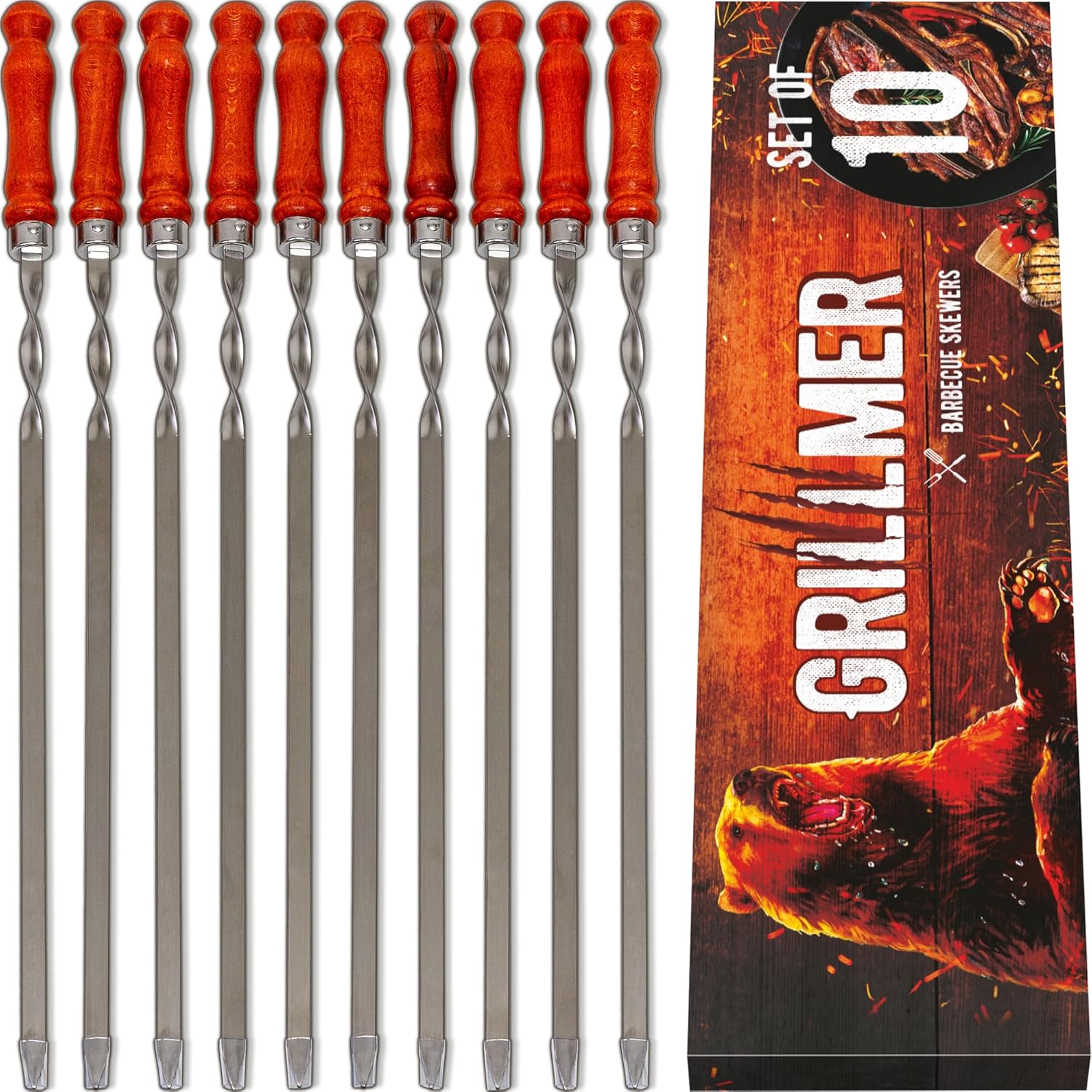 Premium BBQ Skewers with Wooden Handles 22" Shish Kabob Skewers Stainless Steel Long & Reusable Kabob Sticks Barbecue Skewers for Grilling Set of 10 Piece
