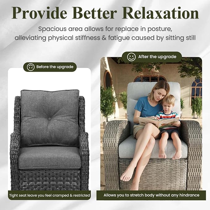 LayinSun Oversized Wicker Outdoor Swivel Glider Recliner with Adjustable Backrest & Footrest, Patio Reclining Lounge Chair - Set of 2