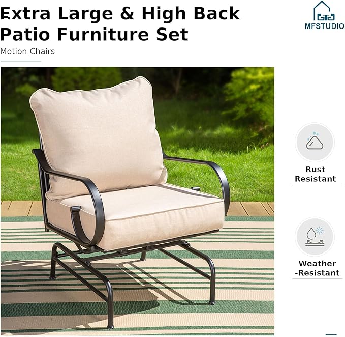 MFSTUDIO 7 Seats Large Metal Patio Conversation Sets, 6 Pieces Outdoor Patio Furniture Sofa with 4 Motion Chairs, 1 Sofa(3-seat) and Table for Outside Balcony Backyard Poolside