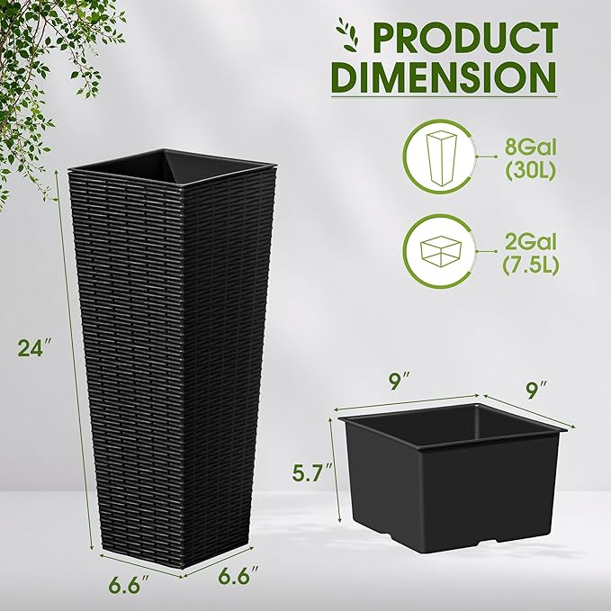 Devoko Resin Tall Planters for Outdoor Plants Set of 2, Large Taper Outdoor Planter Pots with 4 Drainage Holes, Flower Pots Modern Decor for Porch, Patio, Backyard, Home Garden (Black, 24")