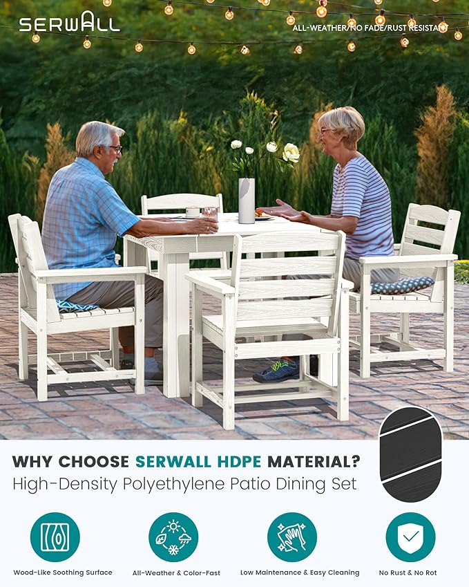 SERWALL Outdoor Dining Set for 4, HDPE Square Table and Chairs Set All Weather Patio Dining Set with 4 Classic Dining Chairs, 5-Piece Patio Dining Furniture for Deck, White