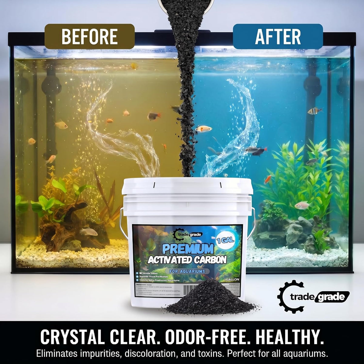 tradegrade premium activated carbon (1 gallon) granular charcoal shown in use