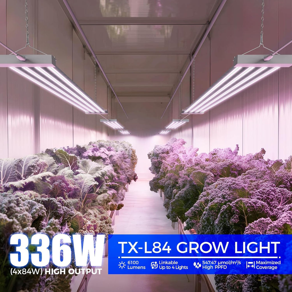 Barrina TX-L84 4FT LED Grow Light, 336W (4 x 84W), 4 Panels Wider Coverage | Pinkish White Full Spectrum, Linkable to 4, High PPFD, Hanging Plant Stand with Grow Light for Indoor Seedling, Timer, 4 Pack