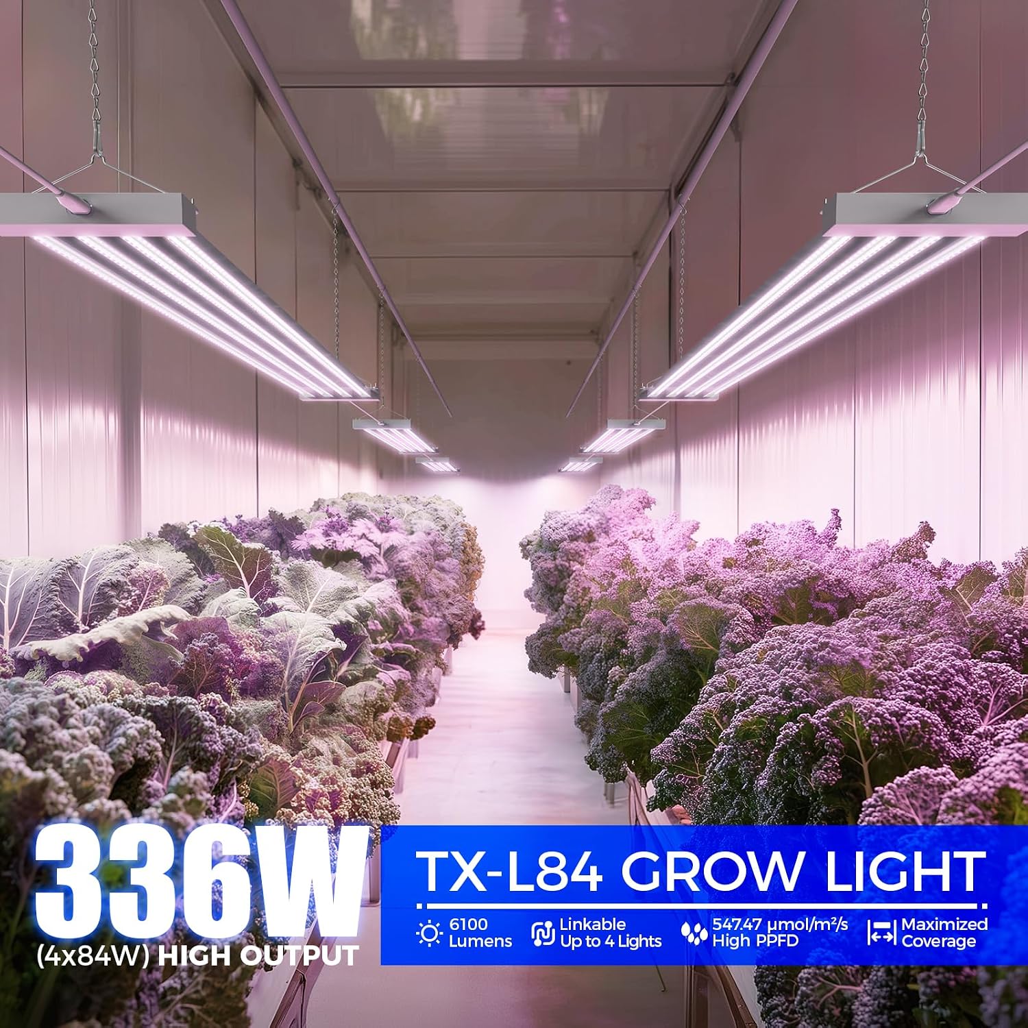 Barrina TX-L84 4FT LED Grow Light, 336W (4 x 84W), 4 Panels Wider Coverage | Pinkish White Full Spectrum, Linkable to 4, High PPFD, Hanging Plant Stand with Grow Light for Indoor Seedling, Timer, 4 Pack