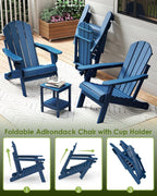 GREENVINES Folding-Adirondack-Chairs Set of 2, HDPE All Weather, Blue | Hidden Cup Holder | 5” Wide Armrests | Foldable Fire Pit Chair | Reclined Legs | Low Maintenance for Outdoor Patio Deck