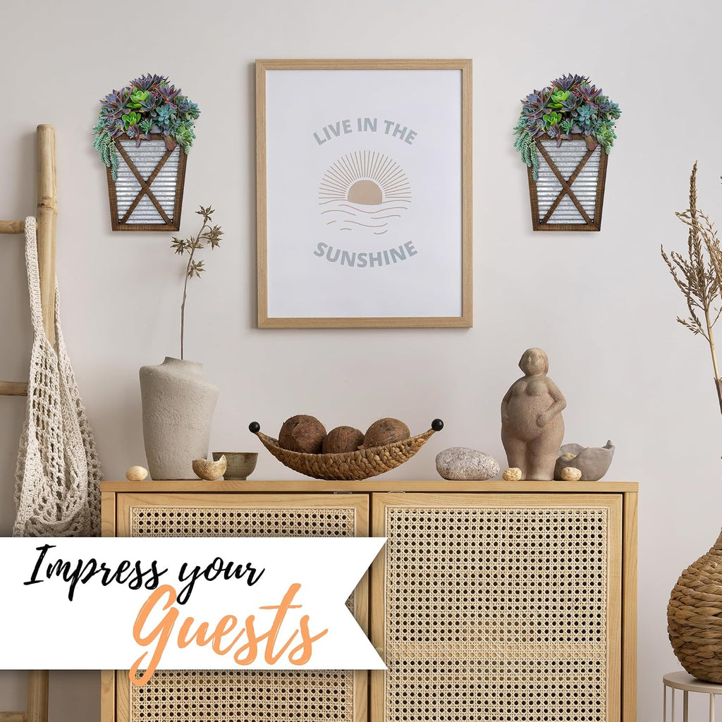 Autumn Alley Large Rustic Farmhouse Wall Planter Set of 2, Farmhouse Decor Wall Hangings for Hanging Planter Indoor, Galvanized Wall Planter, Corrugated Metal, Wooden, Brown - Flowers Not Included