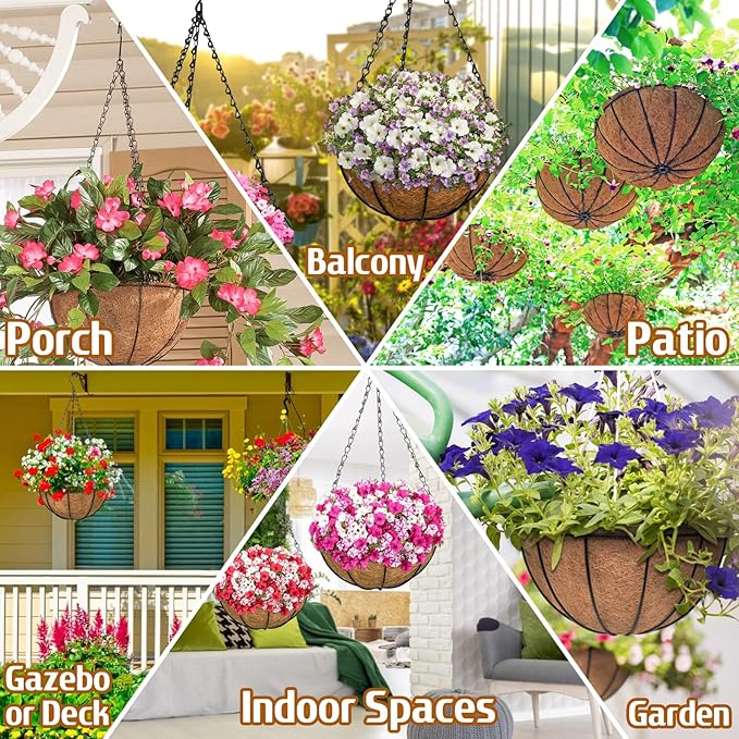 ZeeDix 12 Inch Hanging Baskets for Plants, 2 Pack Metal Round Hanging Planter with Coconut Liners Replacement, Hanging Flower Pots for Outdoor Indoor Plants Flowers Vegetables