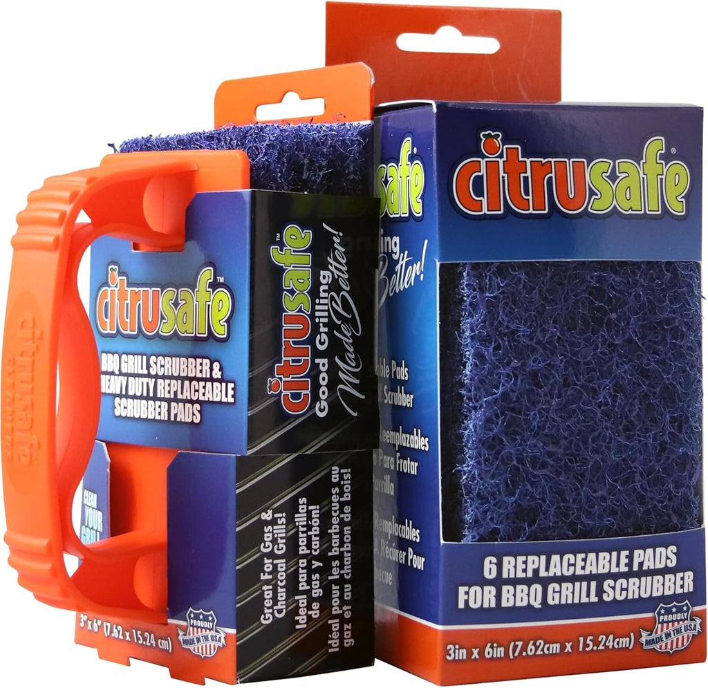 Citrusafe Grill Scrubber and Refill Kit - Heavy Duty Plastic Handle with 3 Pack of Scrubber Pads plus 6 Pack Refill