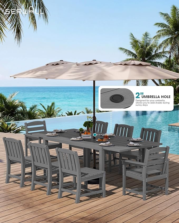 SERWALL 9-Piece Outdoor Dining Set, 60" - 83" Expandable Outdoor Dining Table and 8 HDPE Chairs, All Weather HDPE Outdoor Furniture Set for Backyard, Garden, Grey
